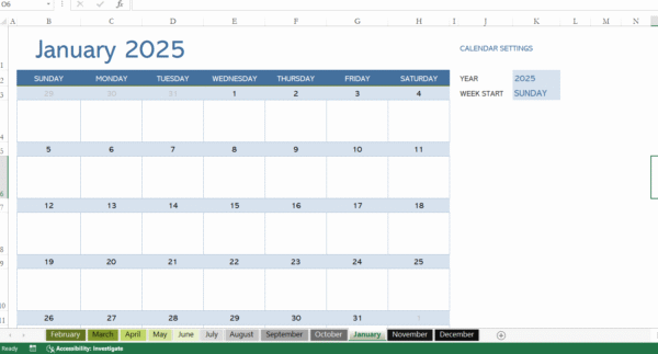 Template Excel : 12-Month Calendar