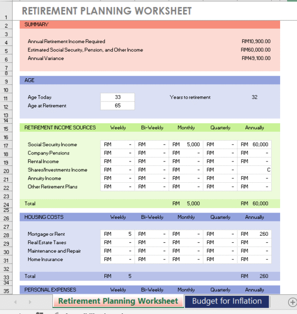 Template Excel: Retirement Planning Sheet