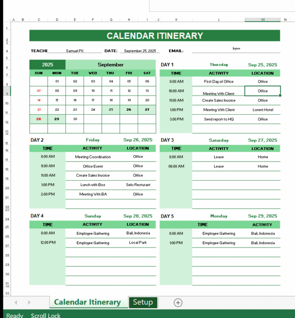 Template Excel: 5-Days Calendar Itinerary (All Year Around)